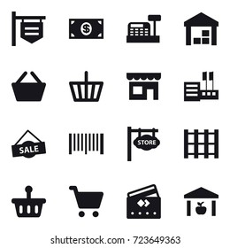 16 vector icon set : shop signboard, money, cashbox, warehouse, basket, basket, shop, store, sale, barcode, store signboard, credit card, warehouse