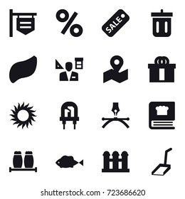16 vector icon set : shop signboard, percent, sale, bin, architector, sun, grain elevator, scoop