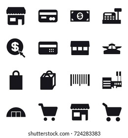 16 vector icon set : shop, card, money, cashbox, dollar arrow, credit card, market, scales, shopping bag, barcode, mall, hangare, cart