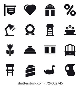 16 vector icon set : shop signboard, heart, gift, percent, table lamp, medal, building, flower bed, service bell, wardrobe, dresser, chair, goose, jug