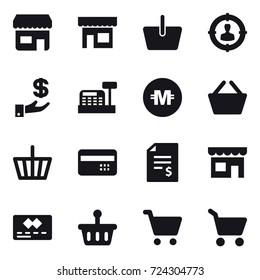 16 vector icon set : shop, basket, target audience, investment, cashbox, crypto currency, credit card, account balance, cart