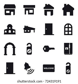 16 vector icon set : shop, home, mansion, house with garage, door, arch window, arch, do not distrub, key, fridge, bell, welcome mat