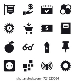 16 vector icon set : shop signboard, investment, calendar, atom core, sun power, add to cart, receipt, copybook, tower, power socket, sun