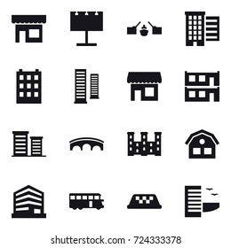 16 vector icon set : shop, billboard, drawbridge, houses, building, skyscrapers, modular house, district, bridge, palace, house, bus, taxi, hotel