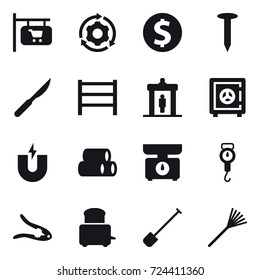 16 vector icon set : shop signboard, around gear, dollar coin, nail, detector, safe, kitchen scales, handle scales, walnut crack, shovel, rake
