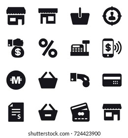 16 vector icon set : shop, basket, target audience, money gift, percent, cashbox, phone pay, crypto currency, hand coin, credit card, account balance, remove from basket