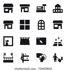 16 vector icon set : shop, cashbox, cottage, window, arch window, flower in window, curtain, clean floor, skyscapers cleaning, skyscrapers cleaning, wiping, toilet cleaning