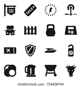16 vector icon set : shop signboard, sale, lightning, laser, japanese house, fence, ticket, shield, yacht, do not distrub, kettle, cow