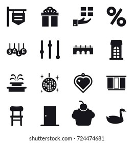16 vector icon set : shop signboard, gift, percent, sale, equalizer, bridge, building, fountain, disco ball, heart pendant, wardrobe, chair, door, goose