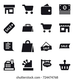 16 vector icon set : shop, cart, wallet, money, sale, shopping bag, shopping list, cashbox, store signboard