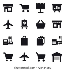 16 vector icon set : shop, cart, billboard, presentation, plane, basket, store, shopping bag, mall, airplane, garage