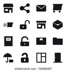 16 vector icon set : shop, share, mail, delivery, unlock, box, copybook, unlocked, window, door