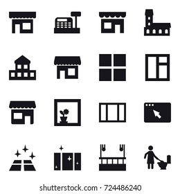 16 vector icon set : shop, cashbox, mansion, cottage, window, flower in window, clean floor, clean  window, skyscapers cleaning, toilet cleaning