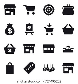 16 vector icon set : shop, cart, target, purse, money bag, presentation, add to cart, basket, delete cart, market, scales, shopping bag, sale label, sale