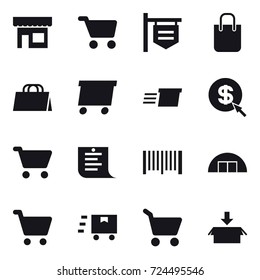 16 vector icon set : shop, cart, shop signboard, shopping bag, delivery, dollar arrow, shopping list, barcode, hangare, package