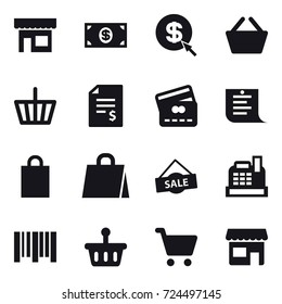 16 vector icon set : shop, money, dollar arrow, basket, account balance, credit card, shopping list, shopping bag, sale, cashbox