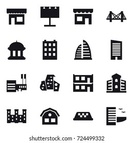 16 vector icon set : shop, billboard, bridge, goverment house, building, skyscraper, mall, modern architecture, modular house, palace, house, taxi, hotel