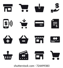 16 vector icon set : shop, cart, basket, investment, phone pay, add to cart, credit card, account balance, add to basket, remove from basket