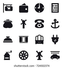 16 vector icon set : shop signboard, wallet, clock, abacus, purse, windmill, service bell, wardrobe, dresser, hand mill, wheel, car wash