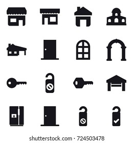 16 vector icon set : shop, home, mansion, house with garage, door, arch window, arch, key, do not distrub, garage, fridge, please clean