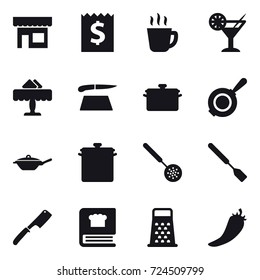 16 vector icon set : shop, receipt, hot drink, cocktail, restaurant, cutting board, pan, skimmer, spatula, chef knife, hot pepper