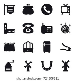 16 vector icon set : shop signboard, purse, phone, tv, church, disco ball, curtain, dresser, fridge, walnut crack, hand mill, windmill, horseshoe