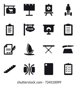 16 vector icon set : shop signboard, billboard, presentation, hoverboard, clipboard, store signboard, windsurfing, iron board, cutting board, stairs, clipboard list