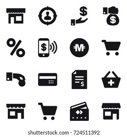 16 vector icon set : shop, target audience, investment, money gift, percent, phone pay, crypto currency, cart, hand coin, credit card, account balance, add to basket