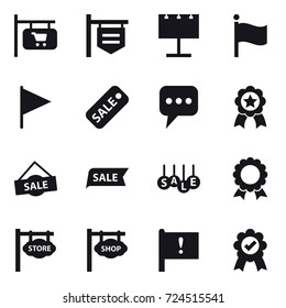 16 vector icon set : shop signboard, billboard, flag, sale, message, medal, store signboard