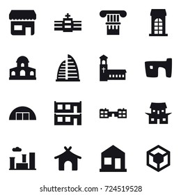 16 vector icon set : shop, column, building, mansion, skyscraper, church, slum, hangare, modular house, school, japanese house, city, bungalow, home