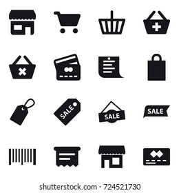 16 vector icon set : shop, cart, basket, add to basket, delete cart, credit card, shopping list, shopping bag, label, sale label, sale, barcode, atm receipt