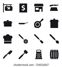 16 Vector Icon Set : Shop Signboard, Receipt, Shop, Cutting Board, Pan, Cook Hat, Skimmer, Spatula, Big Spoon, Chef Knife, Meat Hammer, Barrel