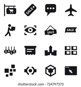 16 vector icon set : shop signboard, sale, message, plane, courier, eye identity, atm receipt, castle, panel house