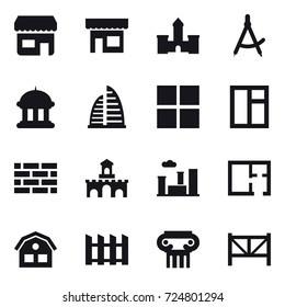 16 vector icon set : shop, castle, draw compass, goverment house, skyscraper, window, brick wall, fort, city, plan, house, fence, antique column, farm fence