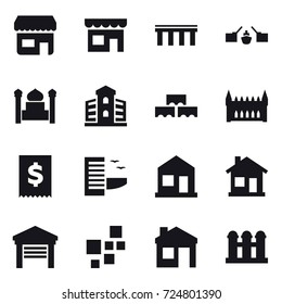 16 vector icon set : shop, bridge, drawbridge, minaret, building, block wall, gothic architecture, hotel, home, garage, house, grain elevator