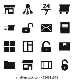 16 vector icon set : shop, share, 24/7, delivery, unlock, mail, copybook, window