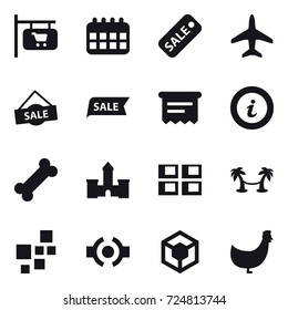 16 vector icon set : shop signboard, calendar, sale, plane, atm receipt, info, castle, panel house, palm hammock, chicken