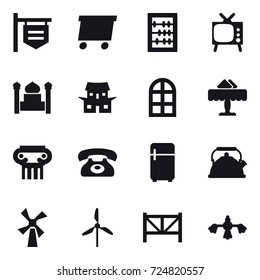 16 vector icon set : shop signboard, delivery, abacus, tv, minaret, japanese house, arch window, restaurant, antique column, phone, fridge, kettle, windmill, farm fence, hard reach place cleaning