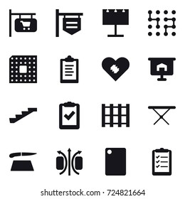 16 vector icon set : shop signboard, billboard, chip, cpu, clipboard, presentation, stairs, iron board, cutting board, clipboard list