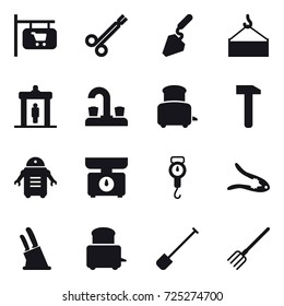 16 vector icon set : shop signboard, construction, detector, water tap, toaster, kitchen scales, handle scales, walnut crack, knife holder, shovel, fork