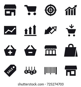 16 vector icon set : shop, cart, target, diagram, statistic, graph up, up down arrow, add to cart, add to basket, remove from basket, market, shopping bag, sale label, sale, barcode