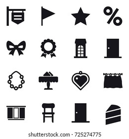 16 vector icon set : shop signboard, flag, star, percent, bow, medal, building, door, hawaiian wreath, restaurant, heart pendant, curtain, wardrobe, chair