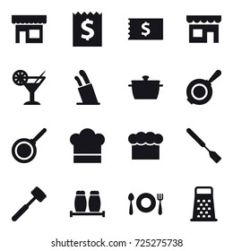 16 vector icon set : shop, receipt, cocktail, stands for knives, pan, cook hat, chef  hat, spatula, meat hammer