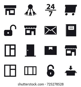 16 vector icon set : shop, share, 24/7, delivery, unlock, mail, copybook, window, door, package