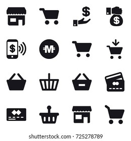 16 vector icon set : shop, cart, investment, money gift, phone pay, crypto currency, add to cart, basket, remove from basket, credit card