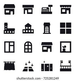 16 vector icon set : shop, cashbox, mansion, cottage, building, window, arch window, flower in window, curtain, clean floor, clean  window, skyscapers cleaning