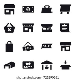16 vector icon set : shop, money, shopping bag, delivery, delete cart, market scales, shopping list, sale, warehouse, package