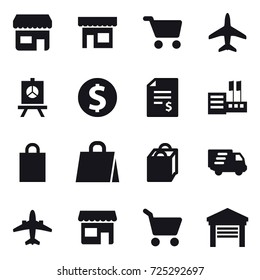 16 vector icon set : shop, cart, plane, presentation, dollar coin, account balance, store, shopping bag, delivery, airplane, garage