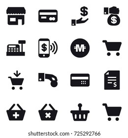 16 vector icon set : shop, card, investment, money gift, cashbox, phone pay, crypto currency, cart, add to cart, hand coin, credit card, account balance, add to basket, delete cart