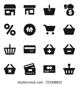 16 vector icon set : shop, basket, money gift, percent, crypto currency, cart, credit card, add to basket, remove from basket, delete cart